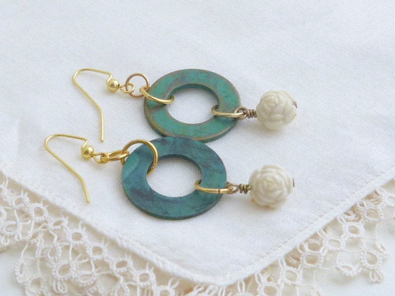 Washer Earrings - Cream Roses - Feminine and Industrial - Upcycled