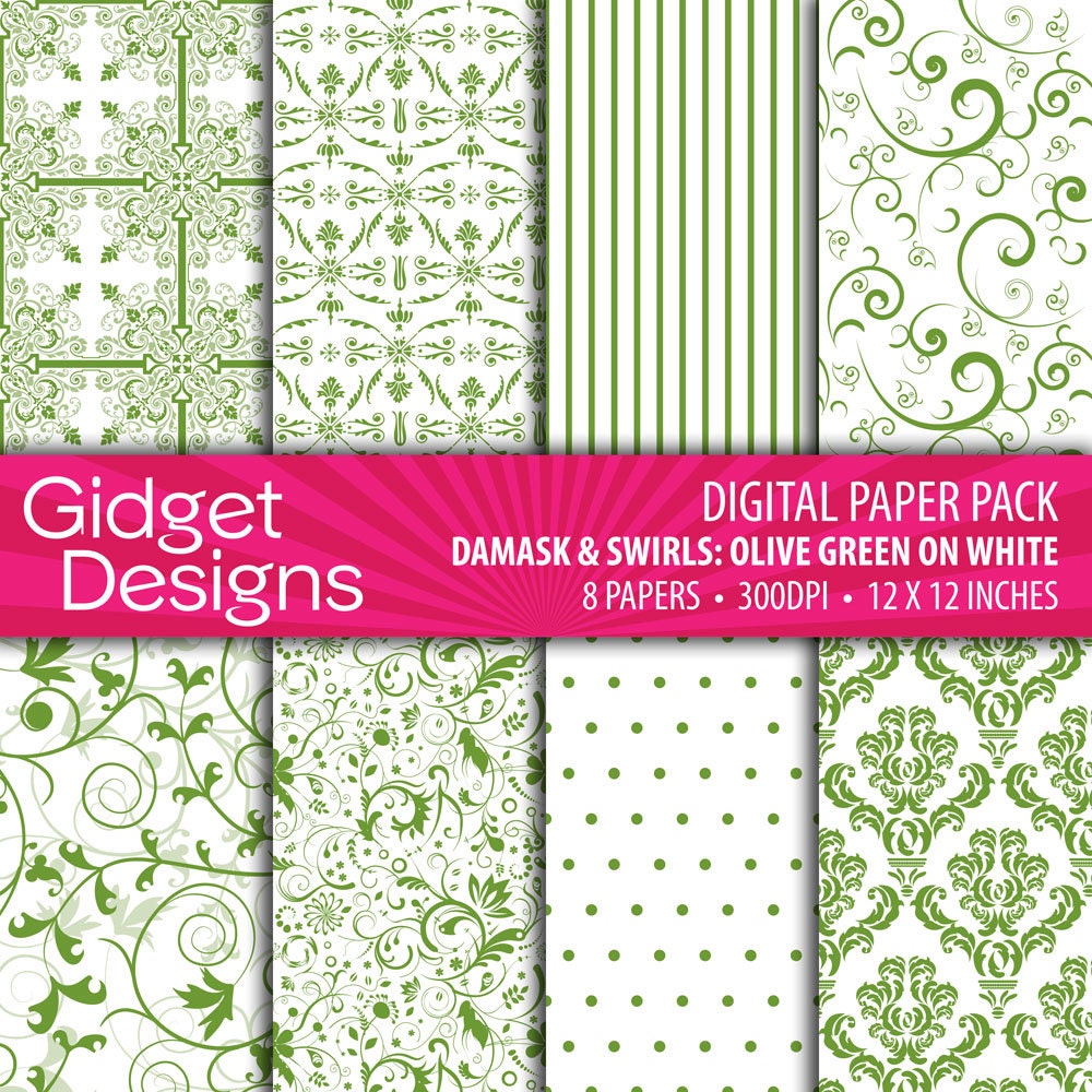 Digital Paper Pack: Damasks & Swirls - Olive Green on White