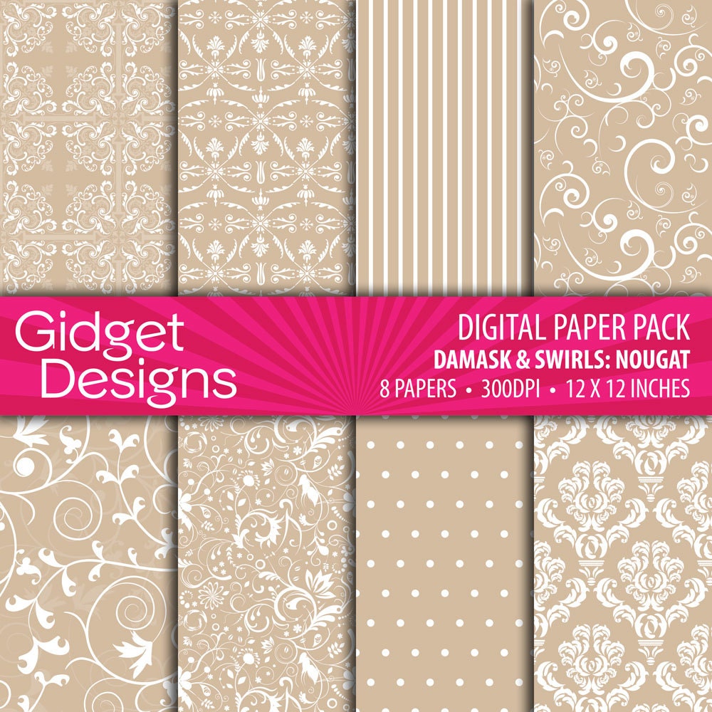 Digital Paper Pack: Damasks & Swirls - Nougat Beige Taupe INSTANT DOWNLOAD