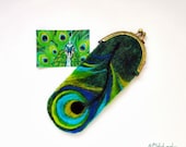 Wet Felted  Eyeglasses Case Peacock feather Ready to Ship with bag frame metal closure  handmade gift for her under 50 USD