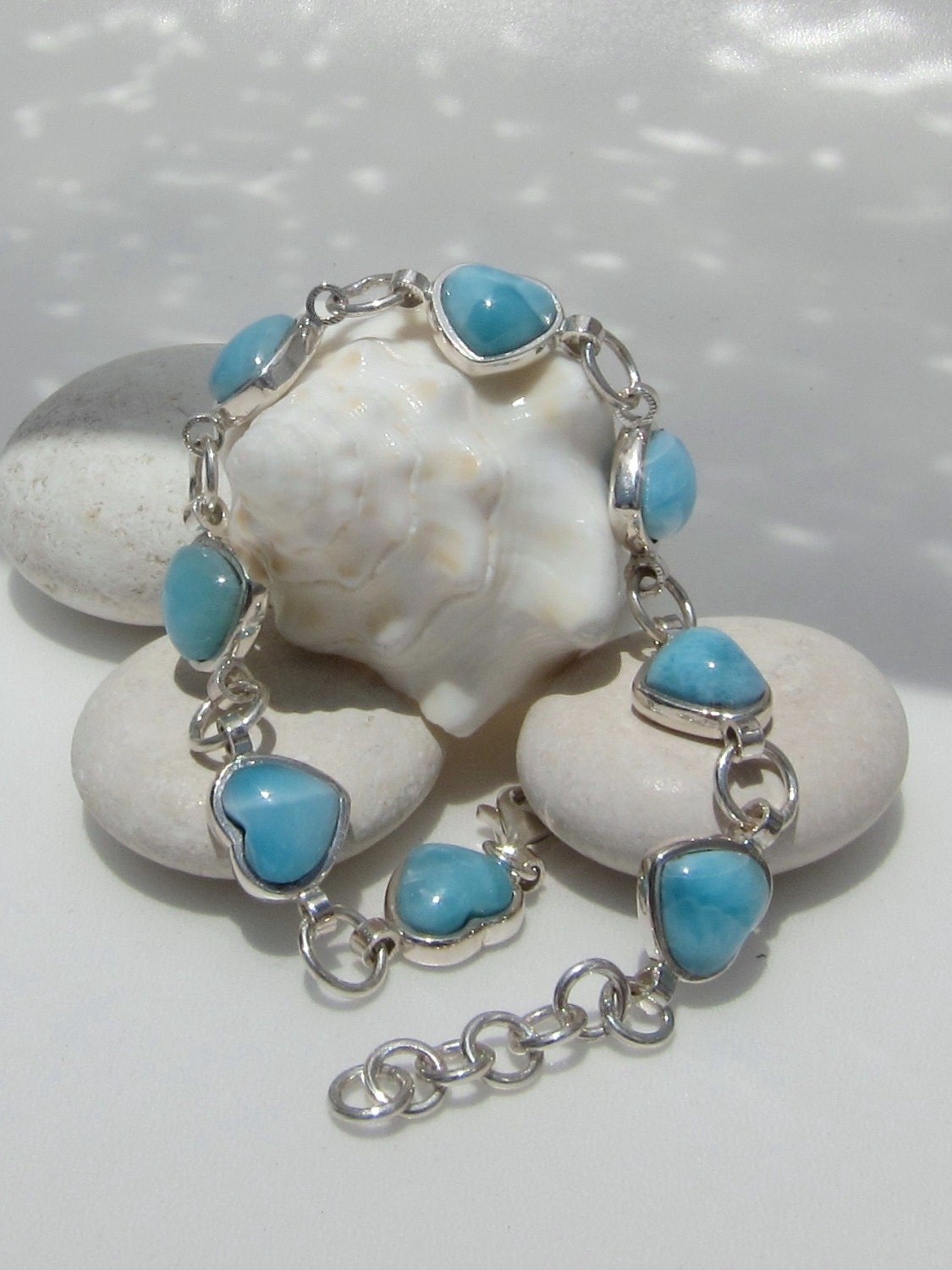 Larimar bracelet, Chain of Love - pretty lovely turquoise Larimar hearts - adjustable wrist size: 7 to 8