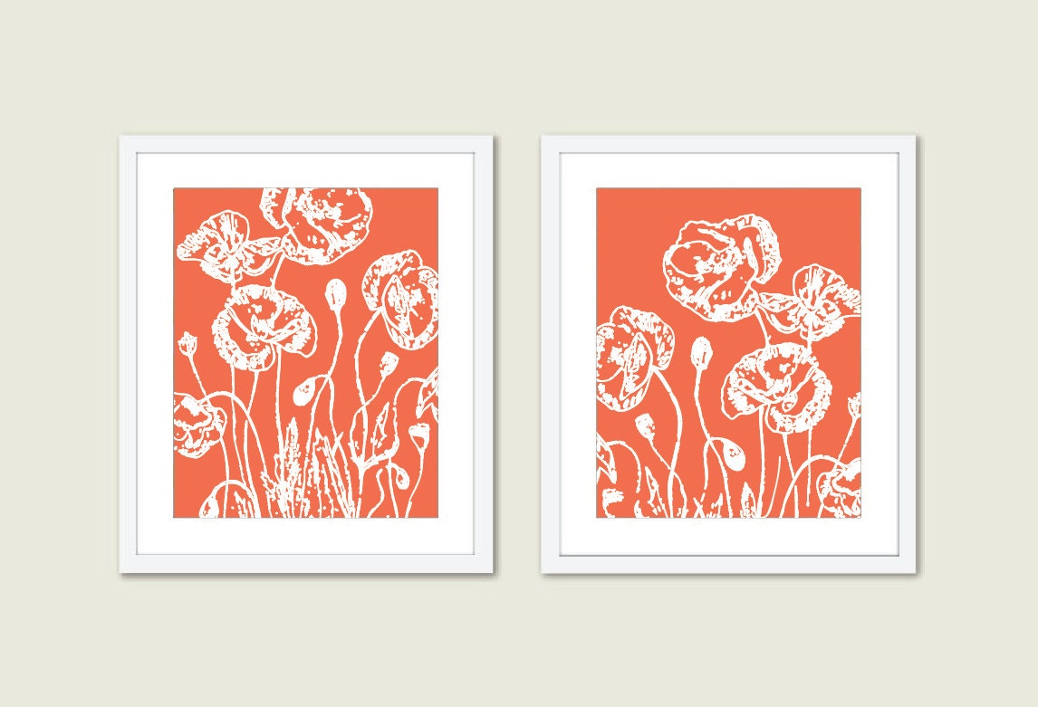 Poppies Flowers Digital Print Modern Wall Art  - Coral - Spring Summer - Floral