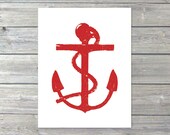 Red Anchor Digital Art Print Rustic Nautical Home Decor