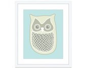 Owl Digital Print - Baby Blue Iice Blue - Nursery Decor Wall Art - Woodland Bird