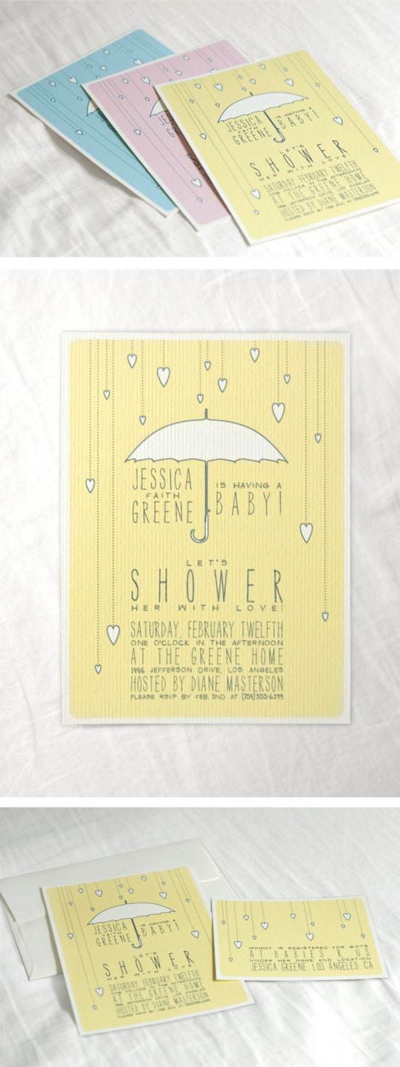 Umbrella hearts baby shower invitations with custom typography