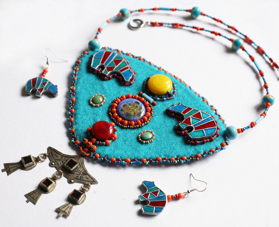 Turquoise Bear Necklace - Polymer Clay Zuni Bear Bright colorful Tribal necklace