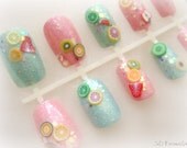Sweet pastel fruit nails, Japanese nail art set, kawaii 3d nails