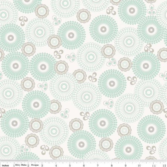 Mint Green and Grey Starburst Floral Organic Fabric, Willow By My Minds Eye For Riley Blake Designs, Main Print in Green, 1 Yard