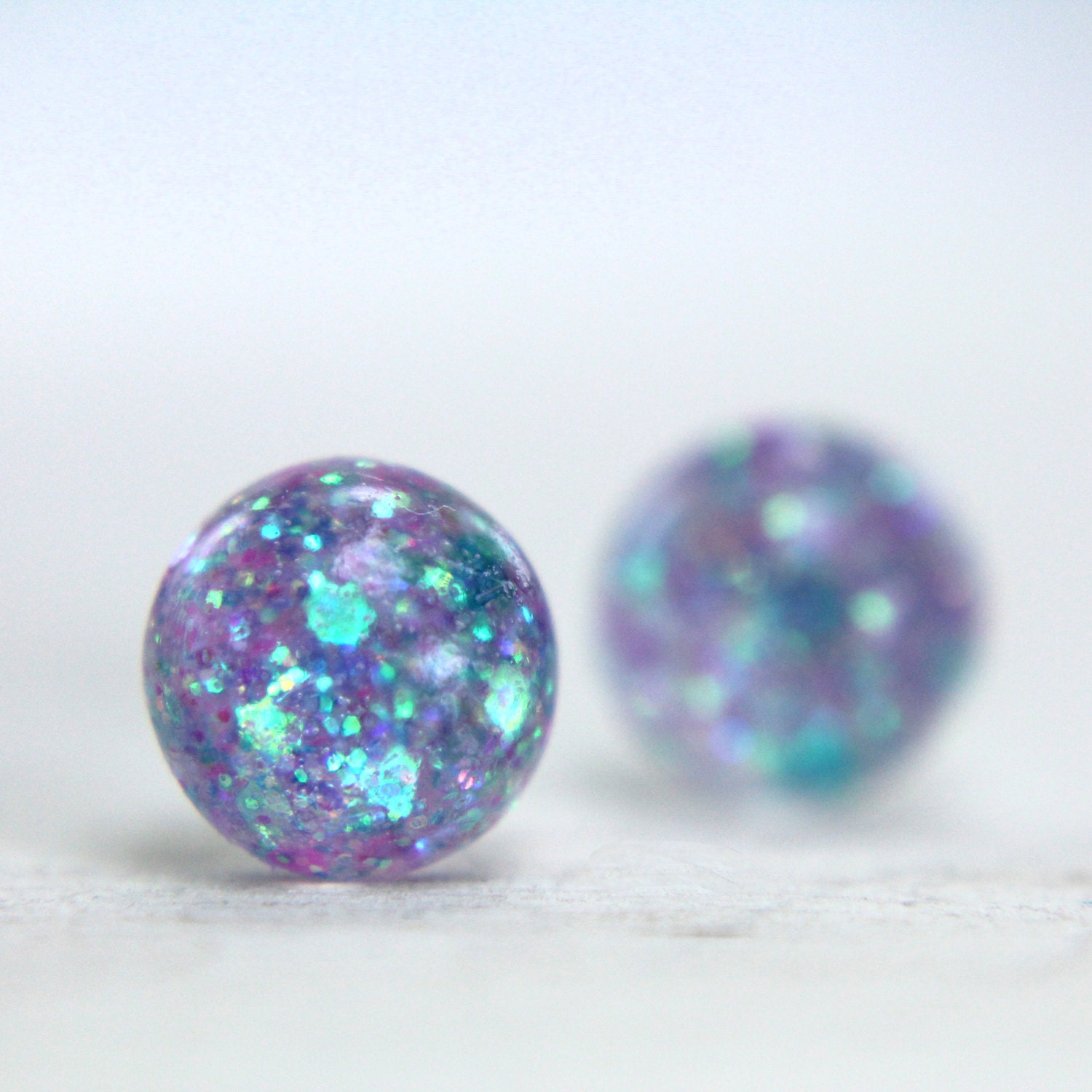 globe earrings in periwinkle blue sparkles - 8mm - galaxy sparkle stud earrings