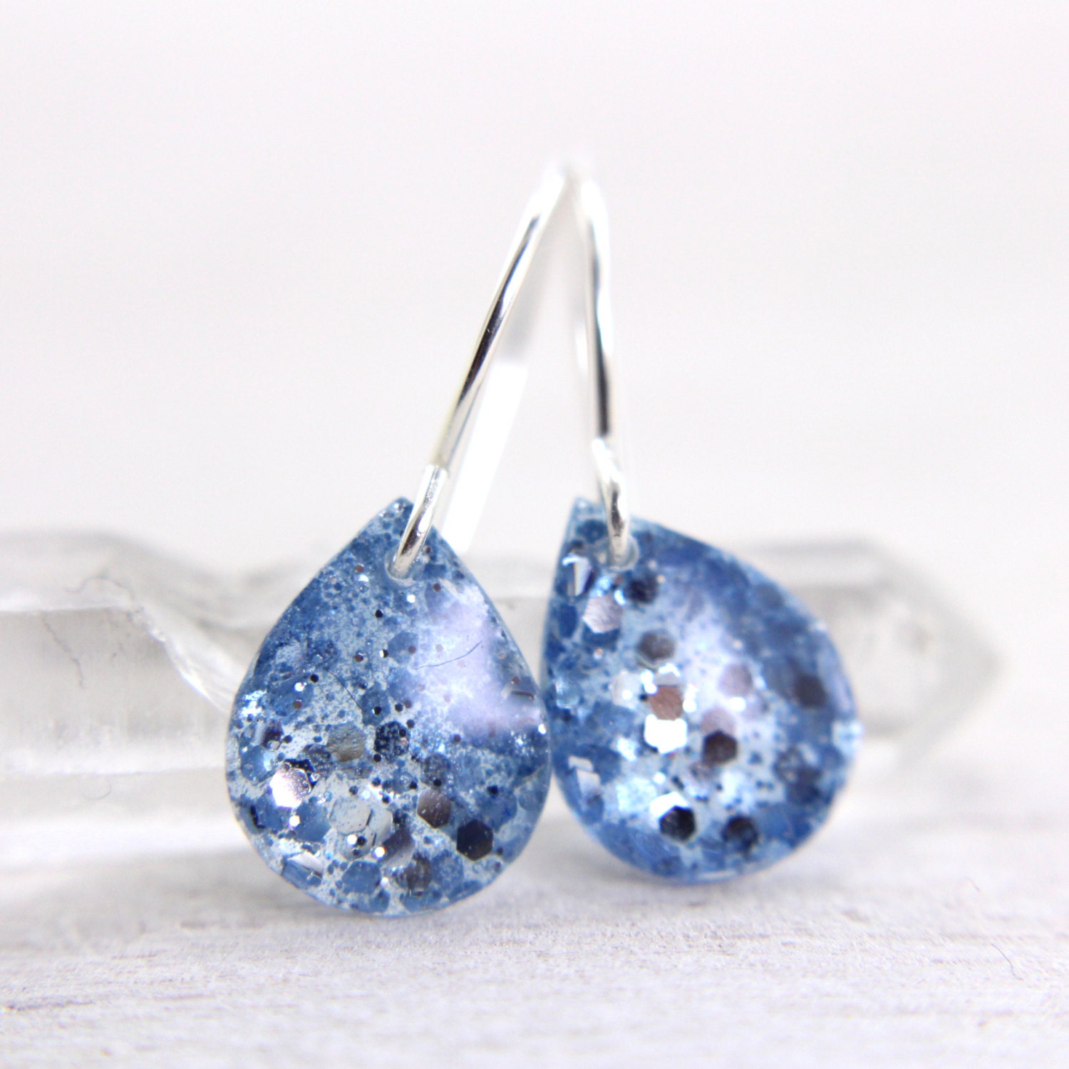 tiny blue teardrop earrings with silver glitter on silver earwires - silver drop earrings