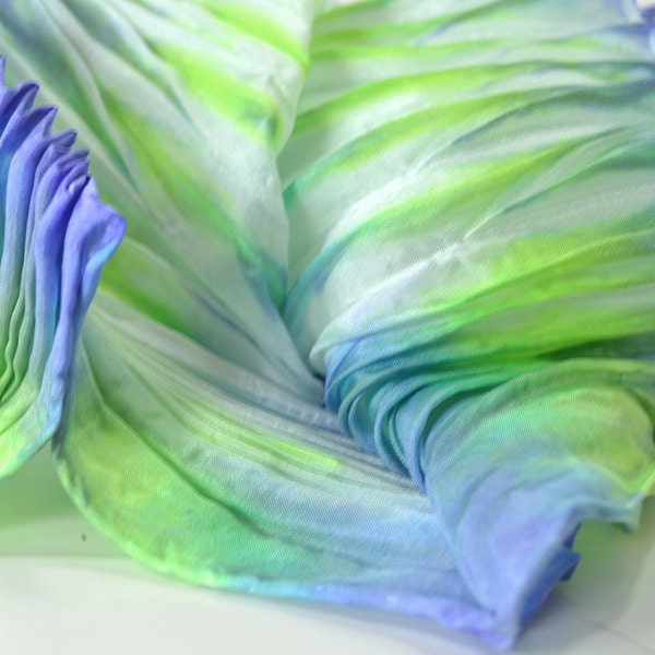 Silk Scarf, Hand Dyed, Pleated in Acid Green and Blue/Purple