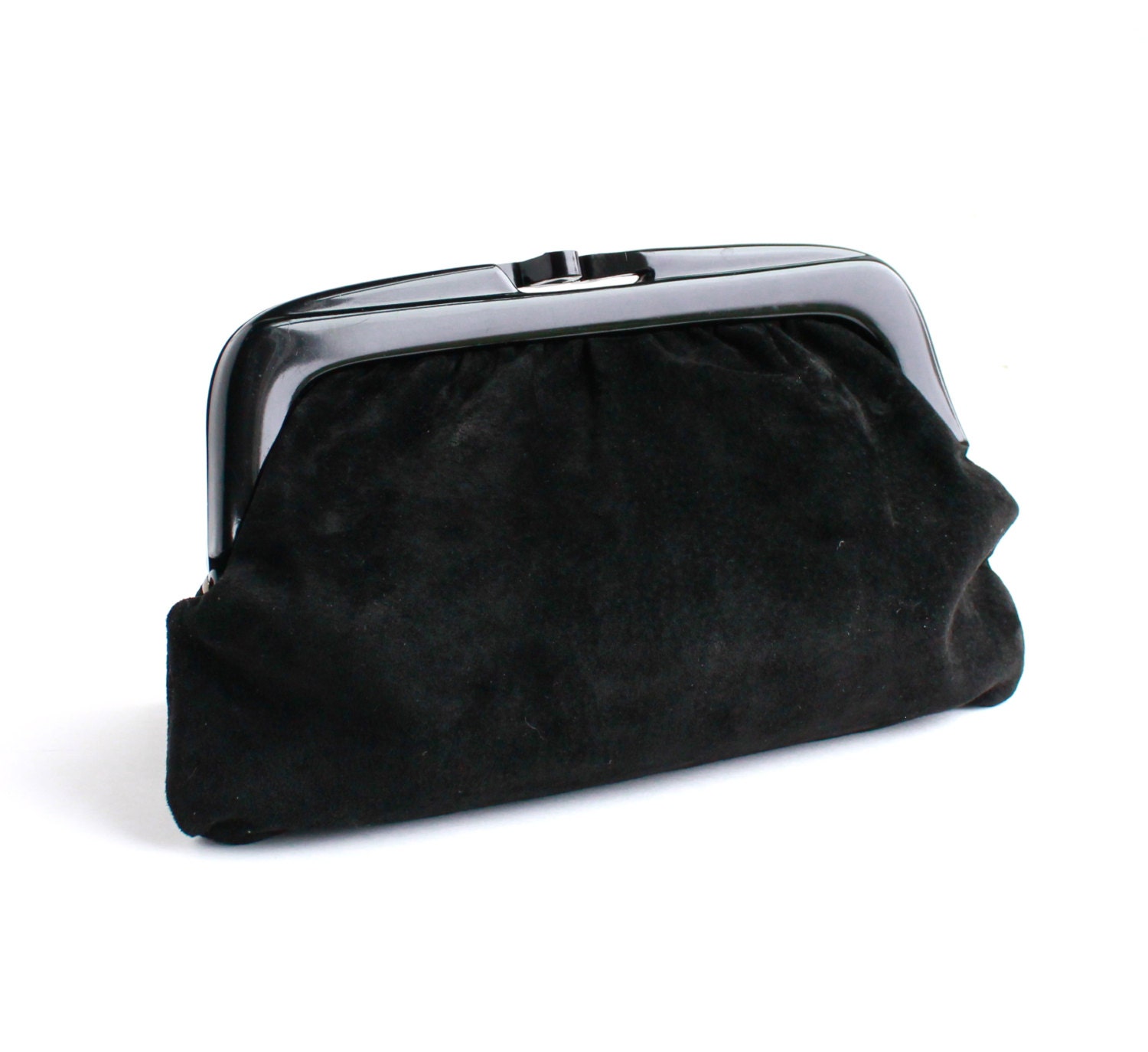 Vintage Black Suede Clutch / 1960s 1970s Leather Interior Casual Bag / Italian Made Purse