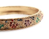 Vintage Rhinestone Bangle Bracelet - Gold Tone Clamp Costume Jewelry / Colorful Rhinestone Embellished