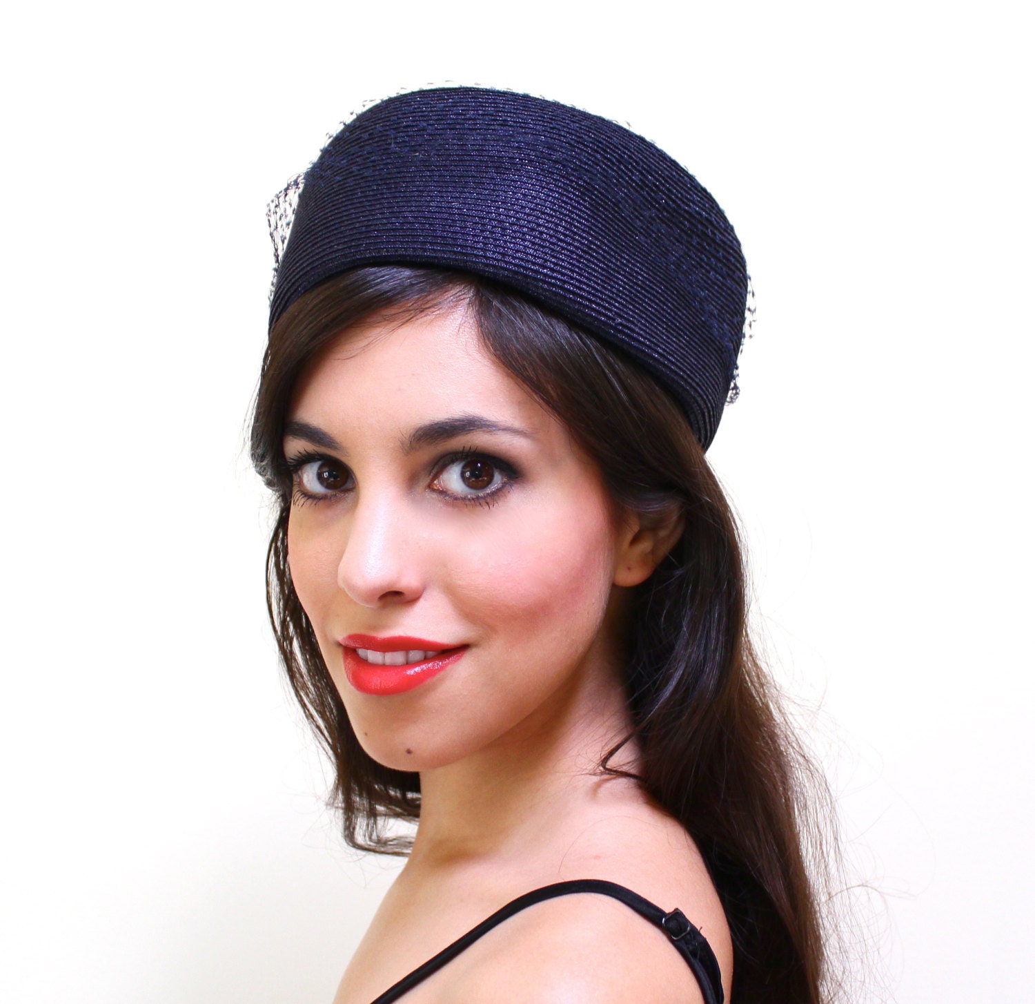 Vintage Pillbox Birdcage Hat - 1960s Navy Blue Straw Double Bow Fashion Accessory / Netted Detail