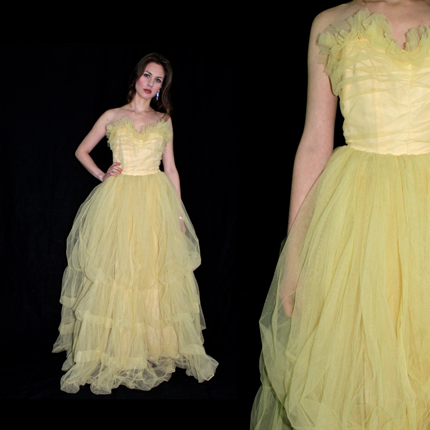 SALE - Vintage 1950s Strapless Party Dress - Yellow Size Small Full Length Boned Prom Dress with Tulle / Dandelion Princess