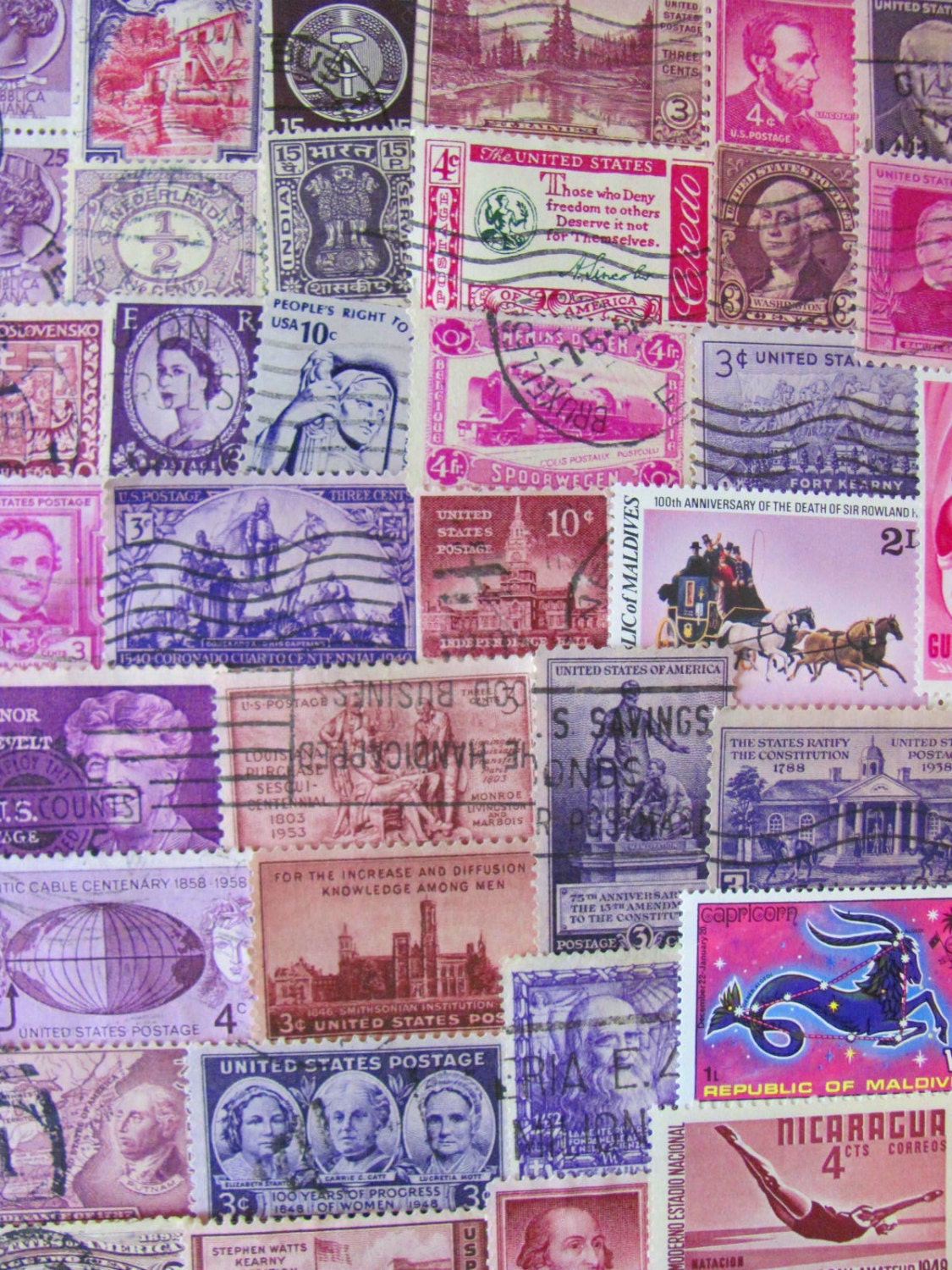 Vintage Shades of Purple 100 Assorted US Worldwide Postage Stamps Plum Magenta Lilac Lavender Violet Philately 2