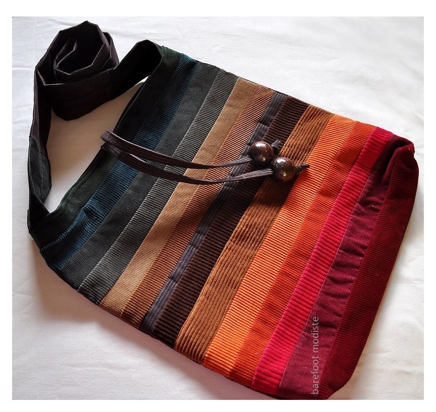 One of a Kind Corduroy Patch Bag, Large Rustic Bohemian Bag,  Earthy cord fabrics, Crossbody or shoulder bag, Large size