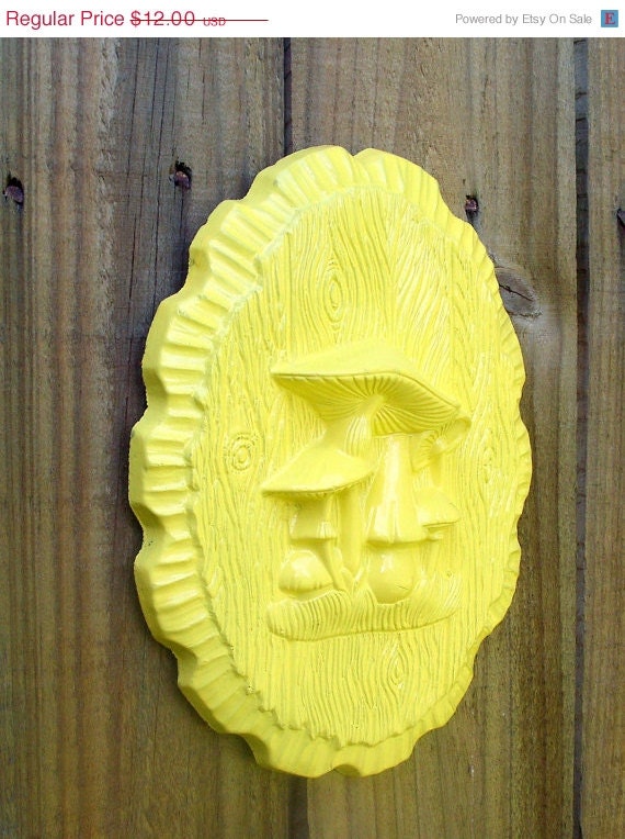 Clearance - 50% off Sunny Yellow Mushroom Wall Plaque - faux wood - glossy painted upcycled shabby vintage cottage chic - perfect for kitch