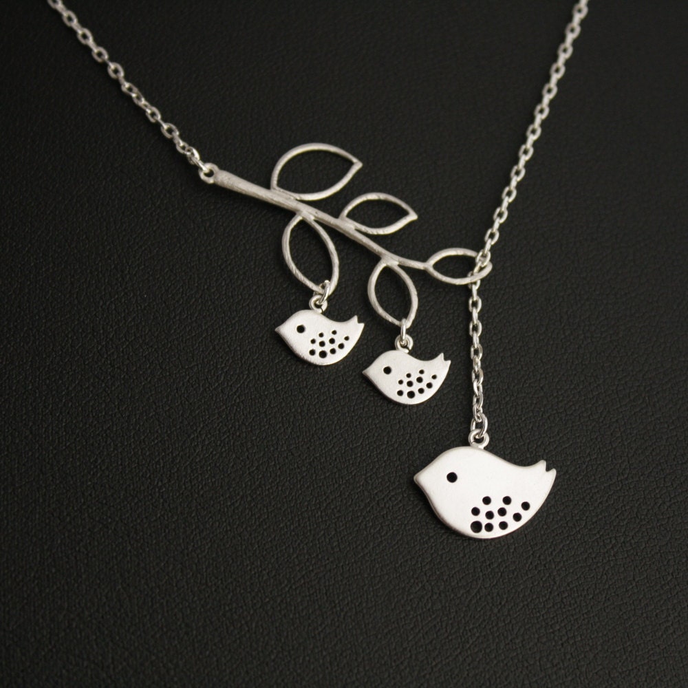 Mother and Baby Birds Lariat Necklace Silver Pendant Necklace Baby Shower Bird Necklace