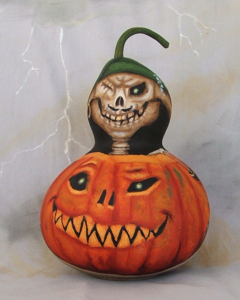 One Eyed Jacque Pierre, skeleton pumpkin gourd, Halloween, 8 inches tall