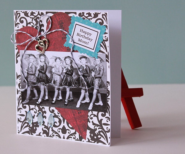 Handmade Vintage Inspired Childhood Birthday card for mom, mixed media shabby chic card tap dancer recital, whimsical paper goods card