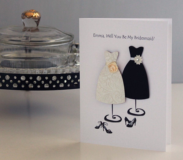 Customized BRIDESMAID wedding party card handmade paper goods, classic black white wedding invite, chic wedding, bridal bridesmaid dress