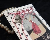 Handmade Shabby Chic Birthday card for girlfriend sister aunt mother, birdcage red and black dress in spring flower garden, paper goods dots