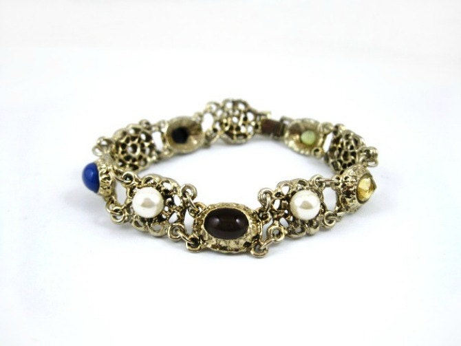 Vintage Renaissance Style Bracelet Goldtone Filigree Faux Gemstones