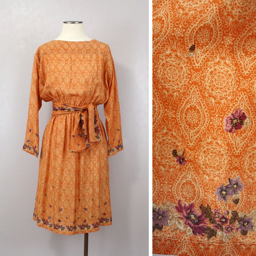 Vintage 1970s Dress Boho Silk in Orange Floral with Belted Sash