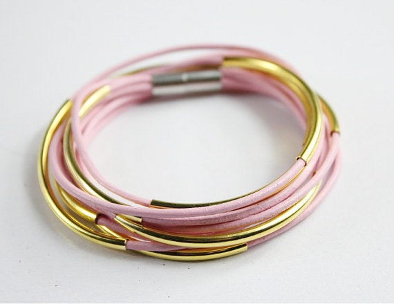 Pink bracelet, pink leather bangle bracelet with gold tubes Z360