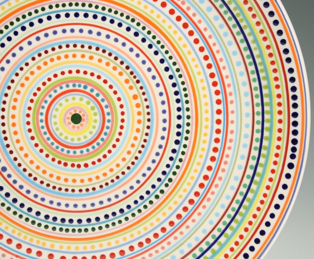 12" Serving Platter Stripes and Dots Hand Painted Dinnerware