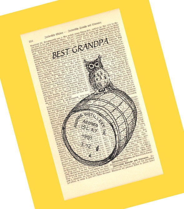Best Grandpa Whisky Owl Personalized Art Print on Antique 1896 Dictionary Book Page