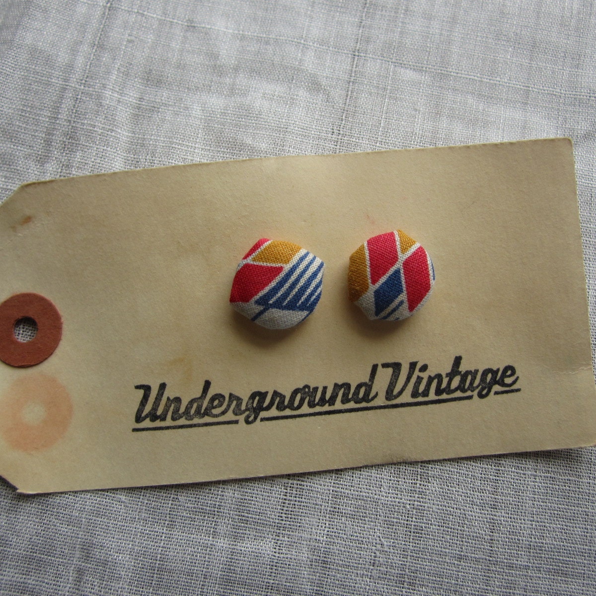 Feedsack and quilt covered earrings-Yellow, blue, red, white