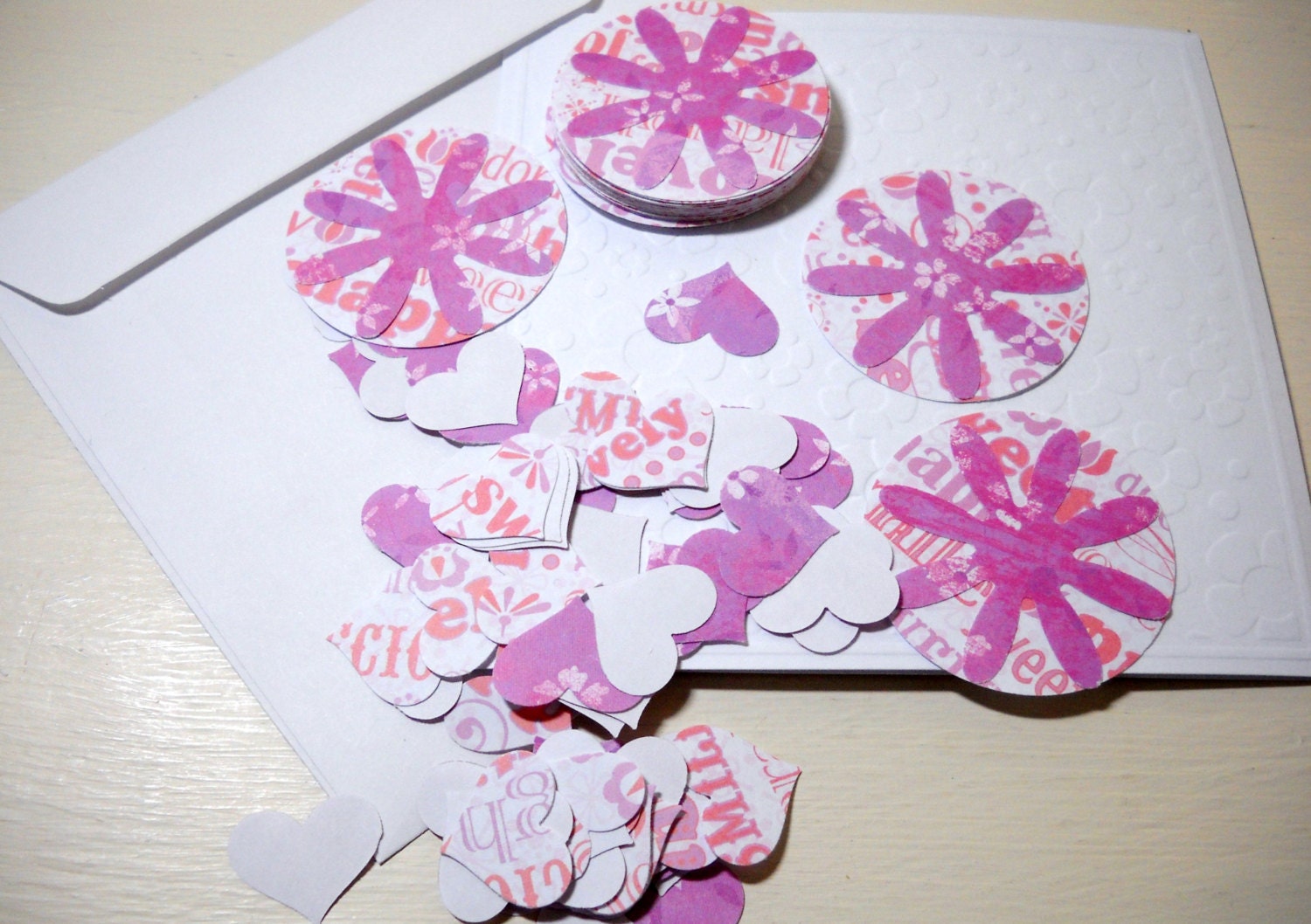 Girly Pink DIY Paper Circle Die Cut Flowers and Heart Confetti Paper Punches