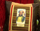 Handmade Rustic 18" Pillow Cover with Image of Antique Cigarette Card Applique on Upholstery Fabric, Linen, Burlap Trim and Faux Leather