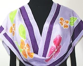 Hand Painted Silk Scarf Morning Flowers. Silk Scarf in Lavender. Size 11x60. Made in Colorado. 100% silk. MADE TO ORDER.