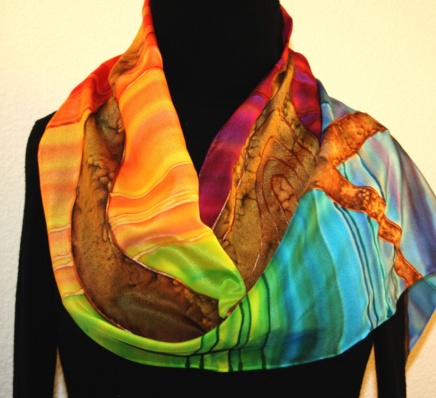Hand Painted Silk Scarf Family Tree. Silk Scarf in Yellow, Red, Green and Blue. Size 11x60. Made in Colorado. 100% silk. MADE TO ORDER.