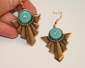 Art Deco style Vintage crystal set Turquoise glass antiqued brass earrings