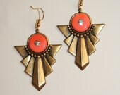 Art Deco style Vintage crystal set coral glass antiqued brass dangle earrings