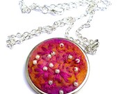 Needle felted necklace silver - handmade hand sewn unique - UK seller Pink Passion