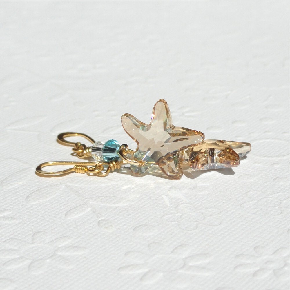 Starfish Earrings, Swarovski Crystal Starfish Earrings in Golden Shadow