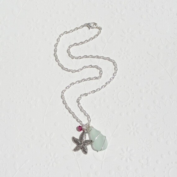 Seafoam Green Wire Wrapped Sea Glass Necklace with Starfish Charm and Swarovski Crystal