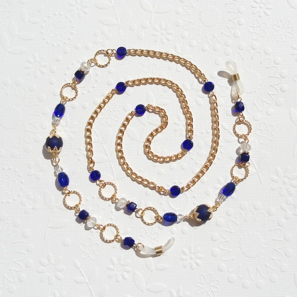 Gold Eyeglass Chain with Navy Blue and Crystal