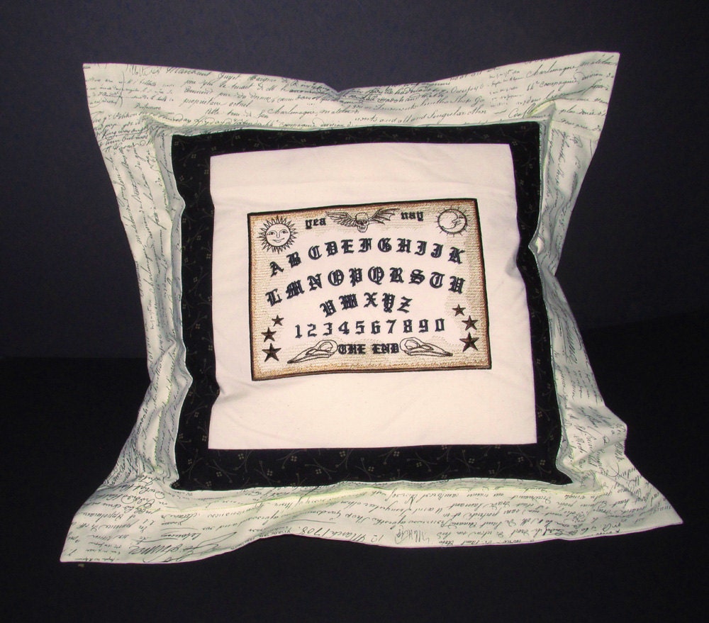 Ouija Board Embroidered Throw Pillow with Mysteries Script Borders  24"Square