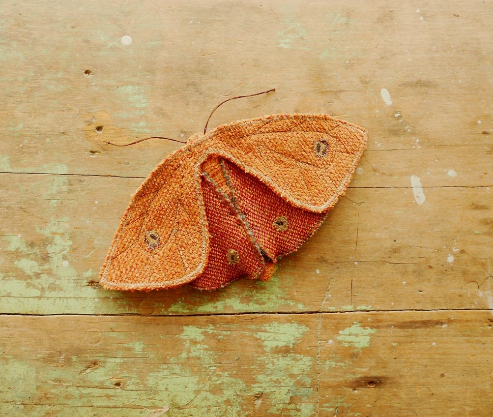 Large fabric moth, recycled textile art, burnt orange
