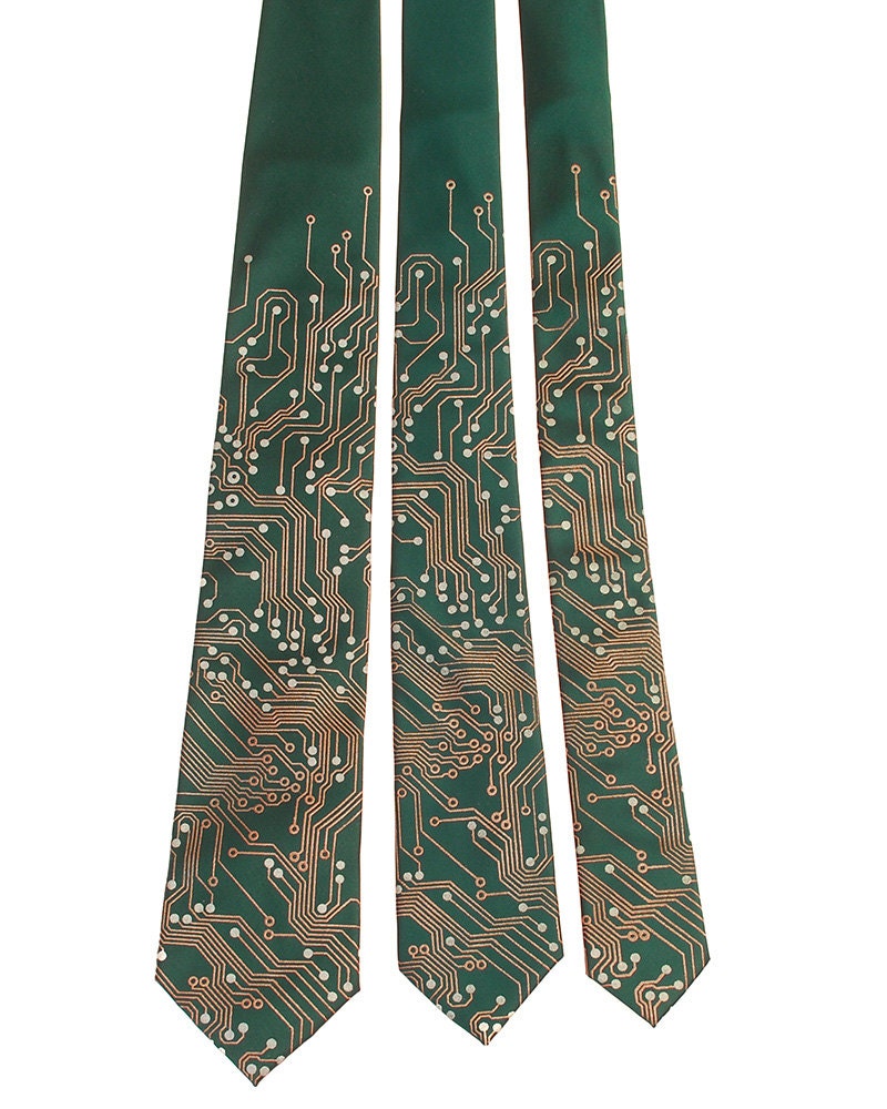 Circuit Board Nerdy Tie - Metallic Copper and Silver Ink on Green or Black Necktie