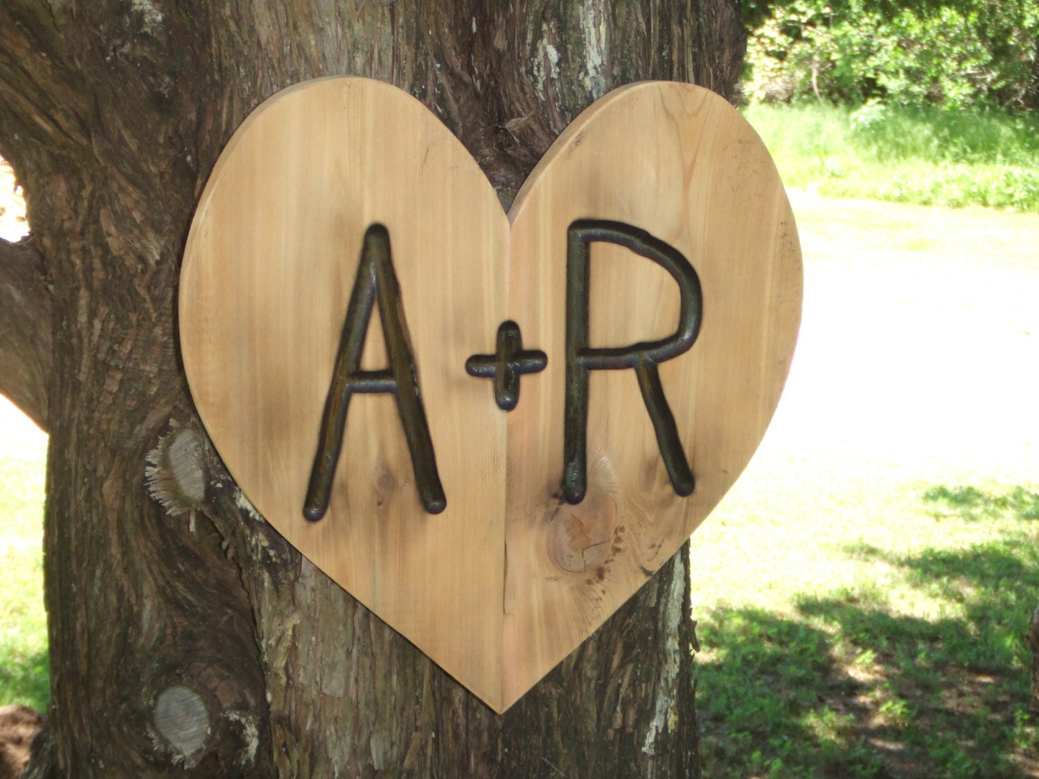 Anniversary  Wedding  Heart Rustic Custom Carved wood sign reclaimed  unburnished - western cedar - personalized with initials