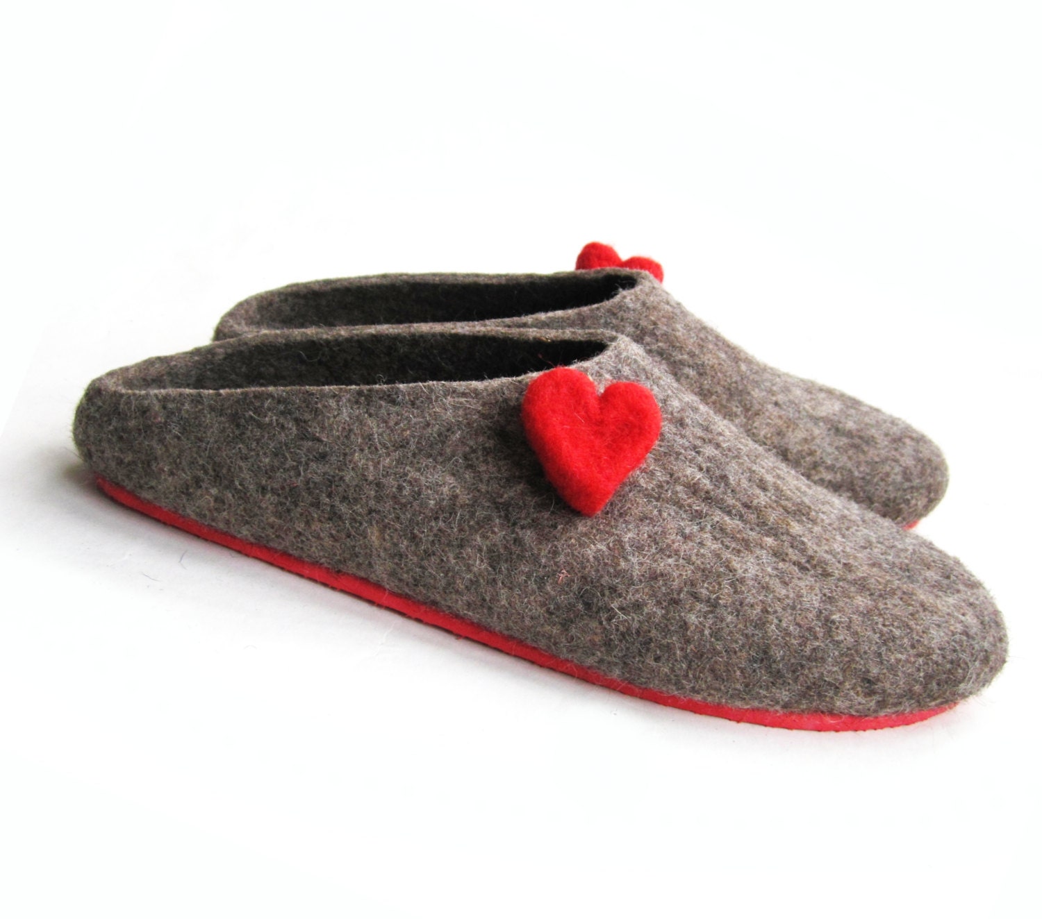 Red Sole Felted wool Slipers Eco Love Hearts. Eco Friendly Brown. Low Back. Women's size