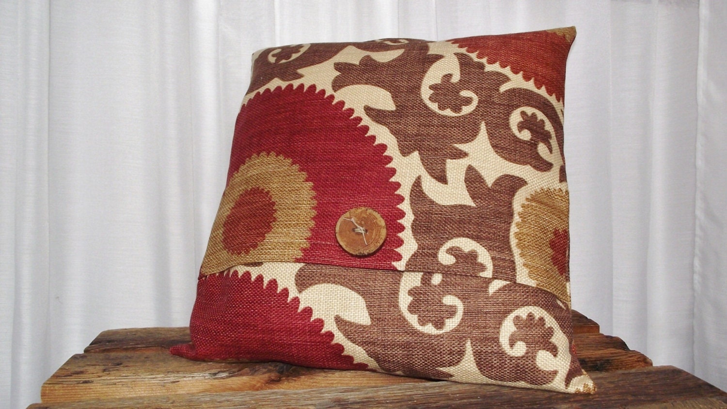 Suzani Print 20x20 Pillow Cover in Fahri Clove Deep Red, Rust, Chocolate Brown, Gold, Khaki