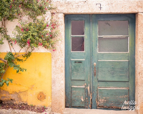 Portugal Photos, Travel Photos, Flower Print, Door Print, Wall Decor, European Photography - Teal Door